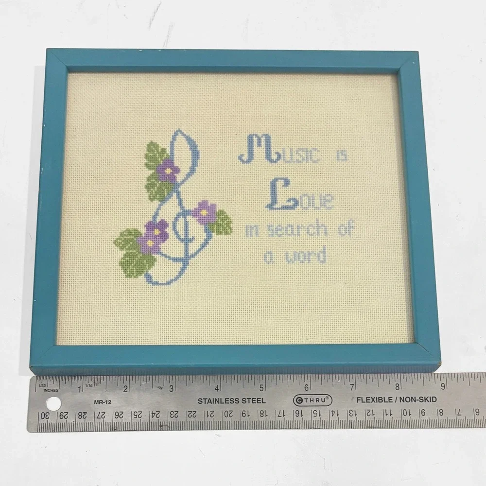 Vintage Finished Cross Stitch Music is Love Blue Framed 9"x8" - Picture 5 of 6